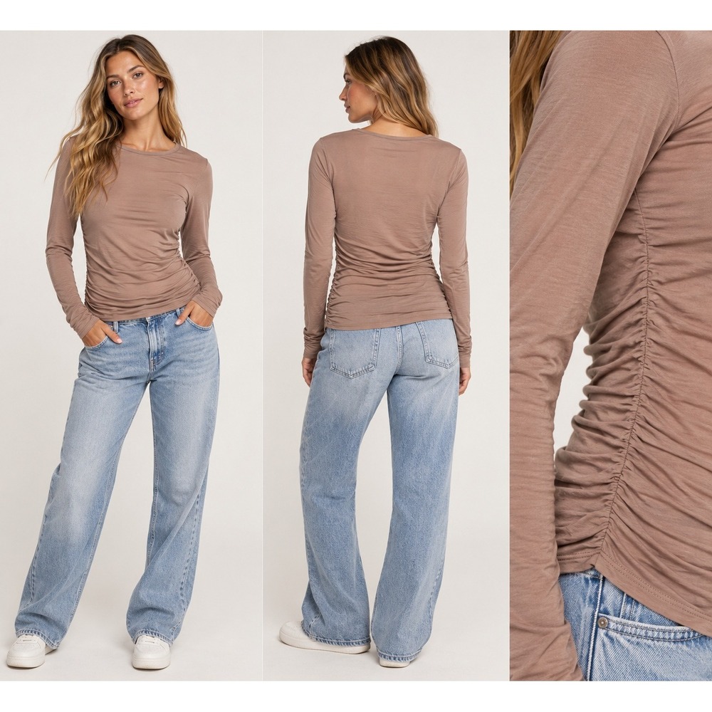 Splendid Top Womens Large Brown SunSoft Ruched Long Sleeve Thumbhole RS6K540